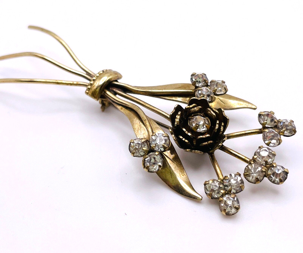 Gold Tone Flower Bouquet Brooch Prong Set Rhinestones VTG Pin Boutonniere MCM